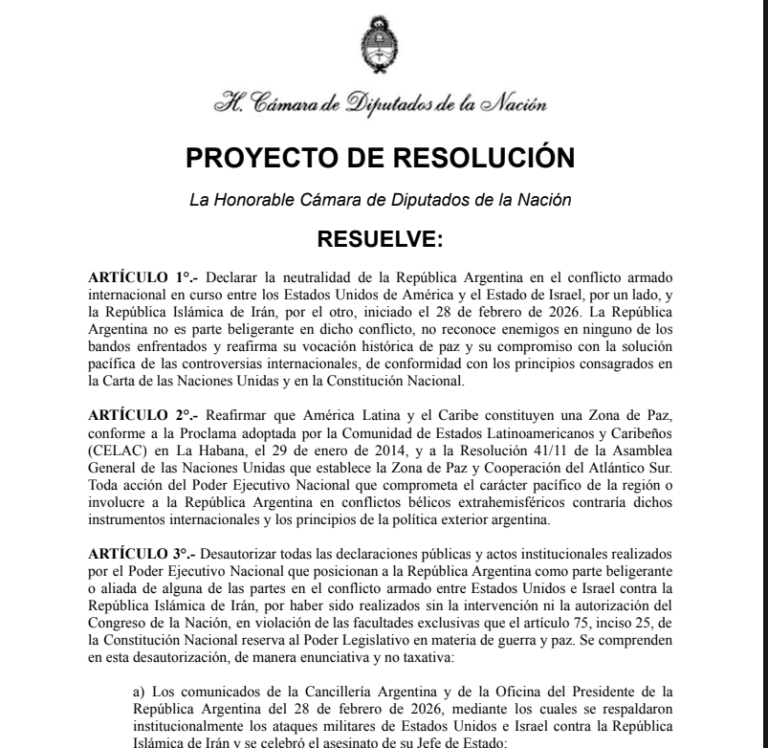 QUE EL CONGRESO DECLARE LA NEUTRALIDAD DE ARGENTINA ANTE LA GUERRA DE EEUU E ISRAEL