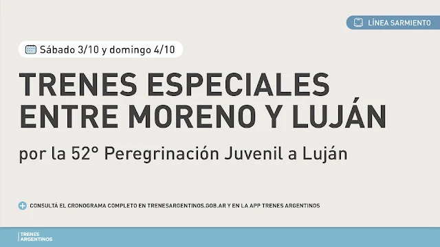 LÍNEA SARMIENTO: AGREGAN TRENES ADICIONALES POR LA PEREGRINACIÓN A LA VIRGEN DE LUJÁN
